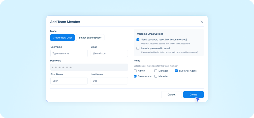 Interface mockup of an admin hub demonstrating a team management feature, showing a user filling out an "Add Team Member" form to assign roles and permissions.
