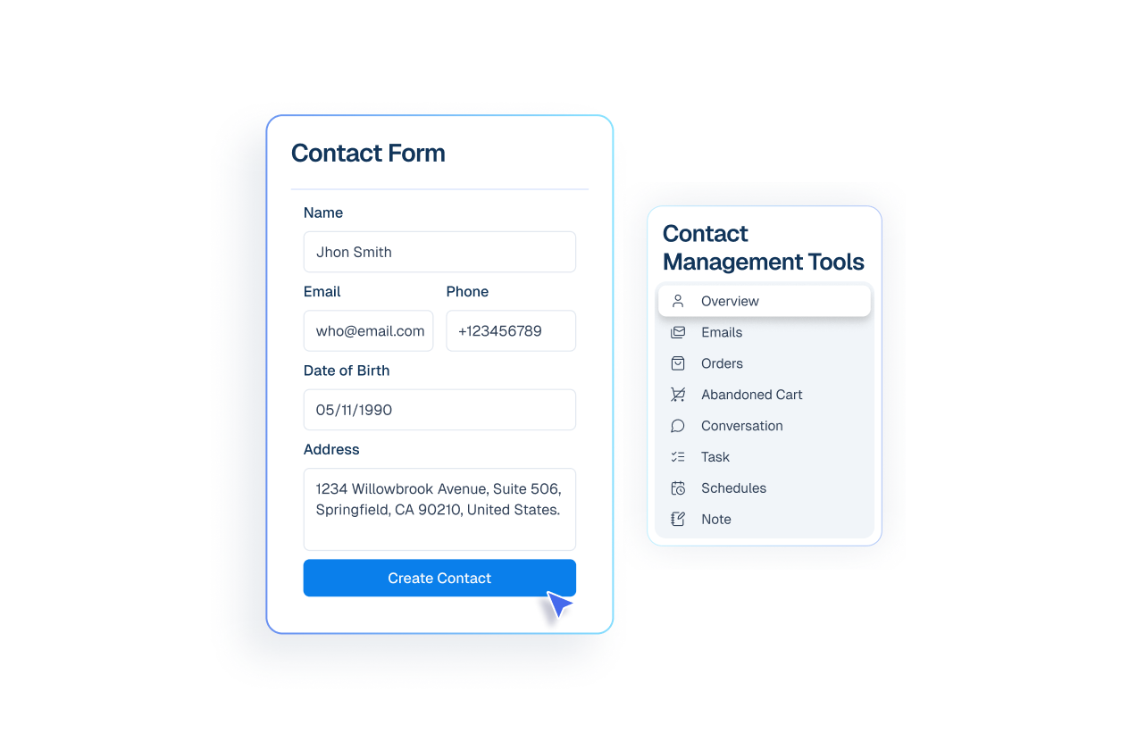 Mockup illustrating a customer contact form and a menu of contact management tools.