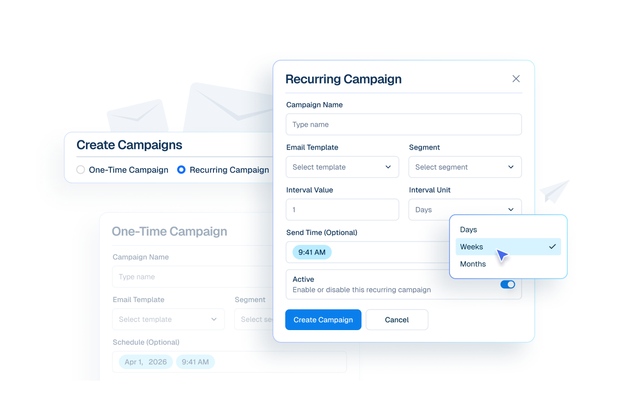 Interface mockup of an email campaign builder showing options to create one-time or recurring campaigns, with a cursor selecting "Weeks" from a dropdown menu for interval units.