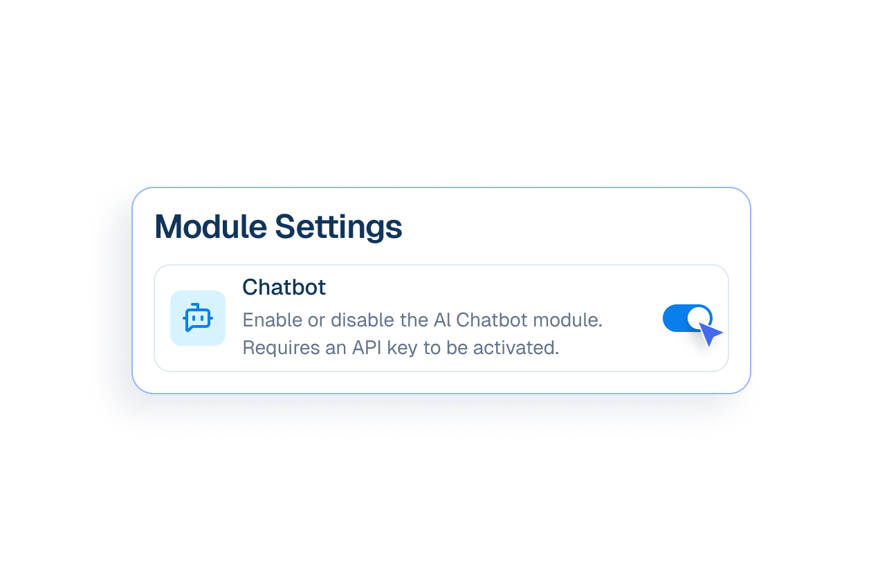 Mockup of a module settings interface showing a toggle switch being clicked to enable the AI Chatbot.