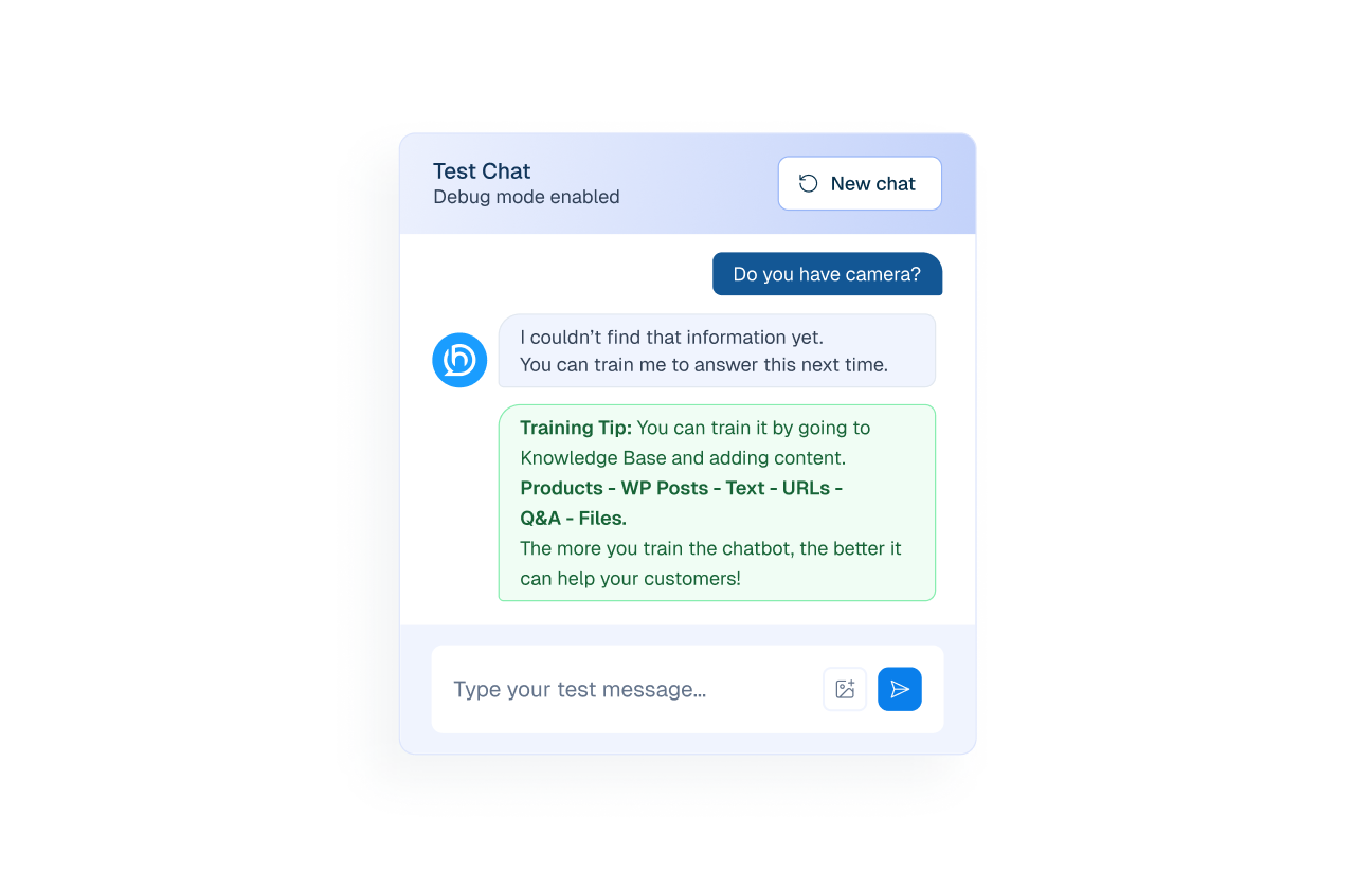 Mockup of a test chat interface showing a simulated user conversation and a green training tip notification.