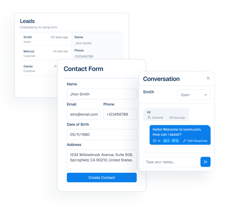 Mockup illustrating lead capture interfaces including a leads list, a detailed contact form, and an active conversation chat window.