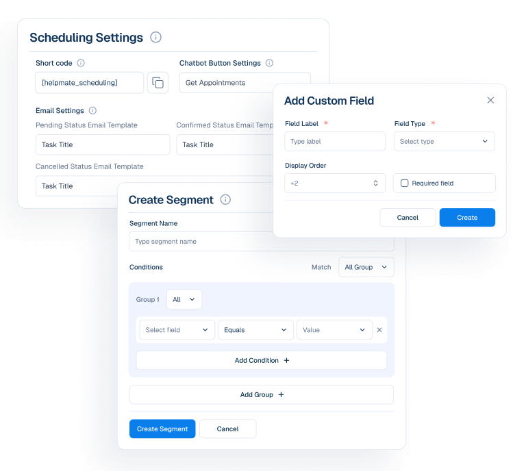 Mockup illustrating structural organization settings including Scheduling Settings, Add Custom Field, and Create Segment interfaces.