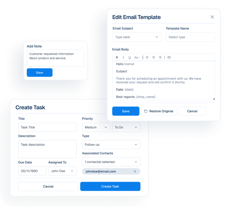 Mockup illustrating internal action and consistency tools, including an Add Note prompt, an Edit Email Template window, and a Create Task form.