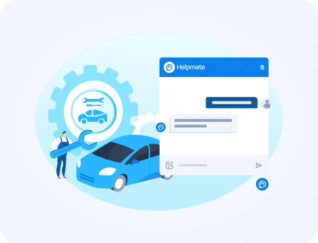Illustration of a mechanic with a blue car and a large gear, positioned next to a Helpmate chat interface mockup.