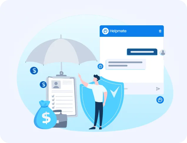 Illustration of a person standing alongside a shield, umbrella, and money bags, positioned next to a Helpmate chat interface mockup.