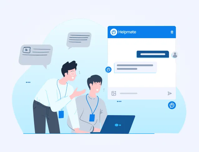 Illustration of a teacher helping a student on a laptop, positioned next to a Helpmate chat interface mockup.