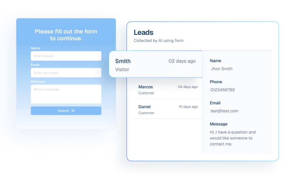 Mockup of an AI lead capture system showing a contact form and a dashboard displaying collected customer details.