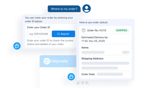 Interface mockup of a chatbot handling a refund request, showing a user prompt "I want refund" and the bot displaying a return process form and a success notification.