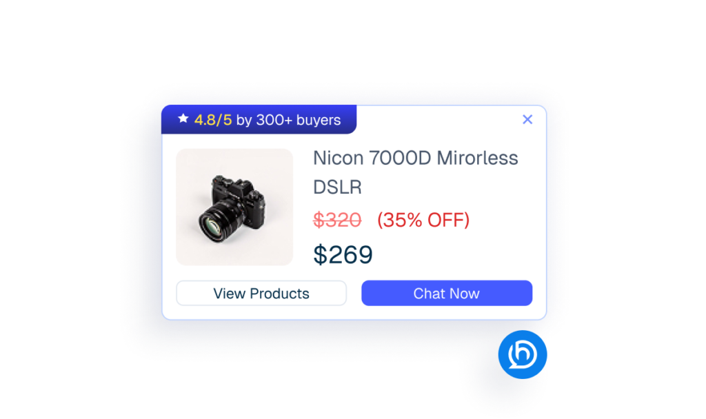 Mockup of a proactive sales chatbot pop-up displaying a discounted camera product card.