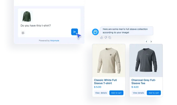 Interface mockup of a chatbot feature allowing users to search for products by uploading an image, displaying a user uploading a photo of a shirt and the bot returning similar product options.