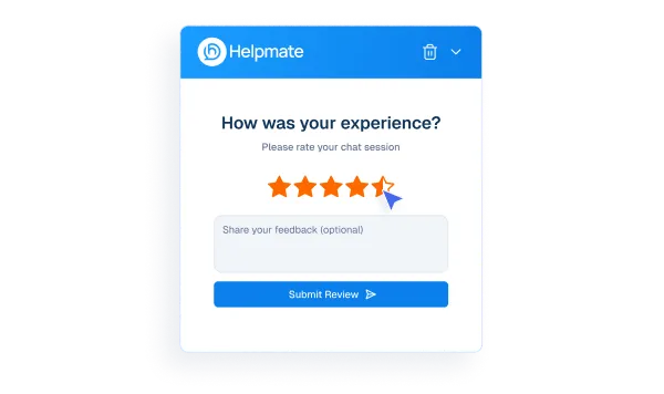Mockup of a Helpmate chat interface showing a user rating their experience with five stars.