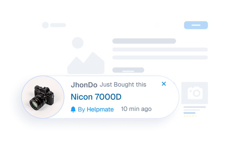 Interface mockup of a live sales notification showing a recent purchase of a Nicon 7000D camera by a user named JhonDo.