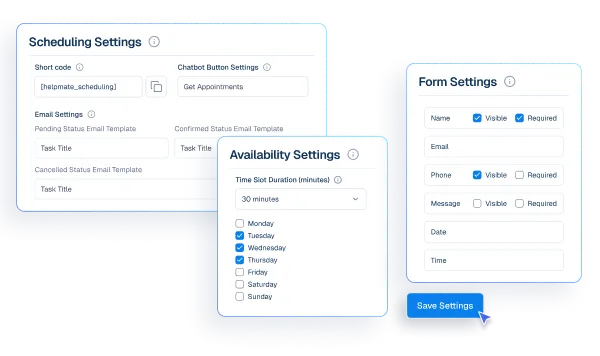 Mockup of three overlapping configuration panels for Scheduling Settings, Availability Settings, and Form Settings, with a cursor clicking a Save Settings button.