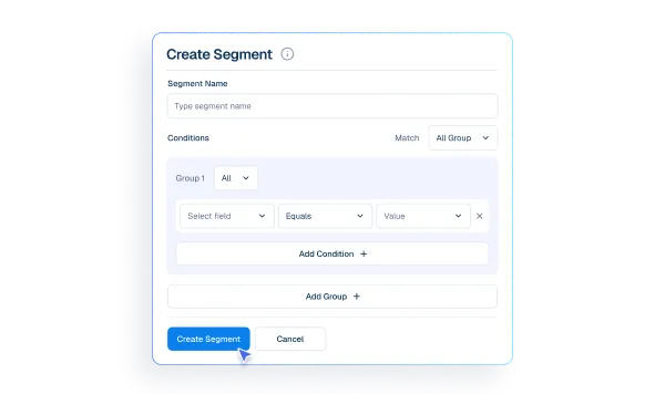 Interface mockup showing a "Create Segment" module to group customers based on specific conditions for targeted marketing.