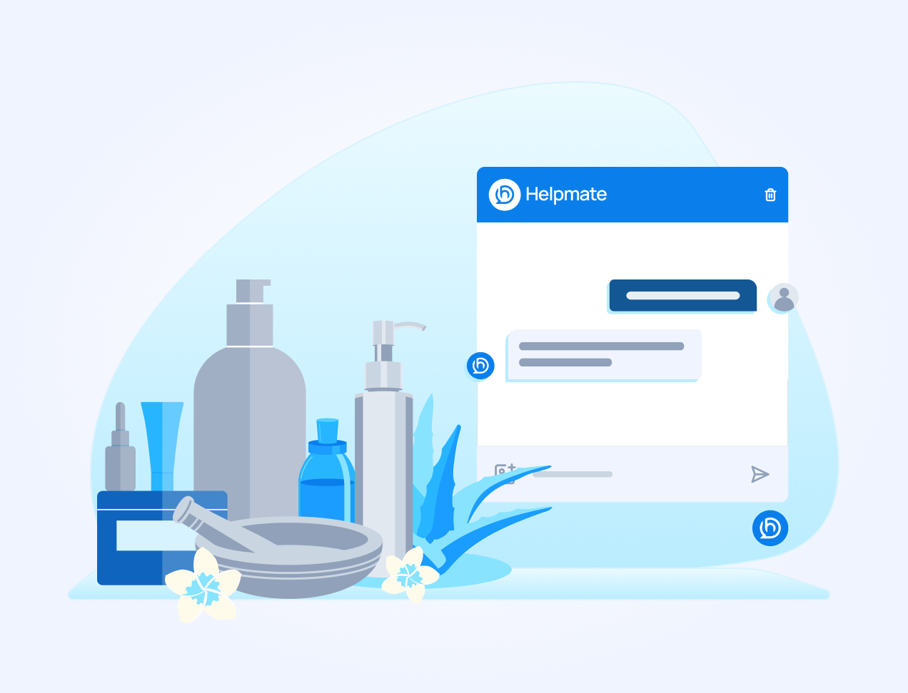 Illustration of beauty and skincare products, including bottles and aloe vera, positioned next to a Helpmate chat interface mockup.