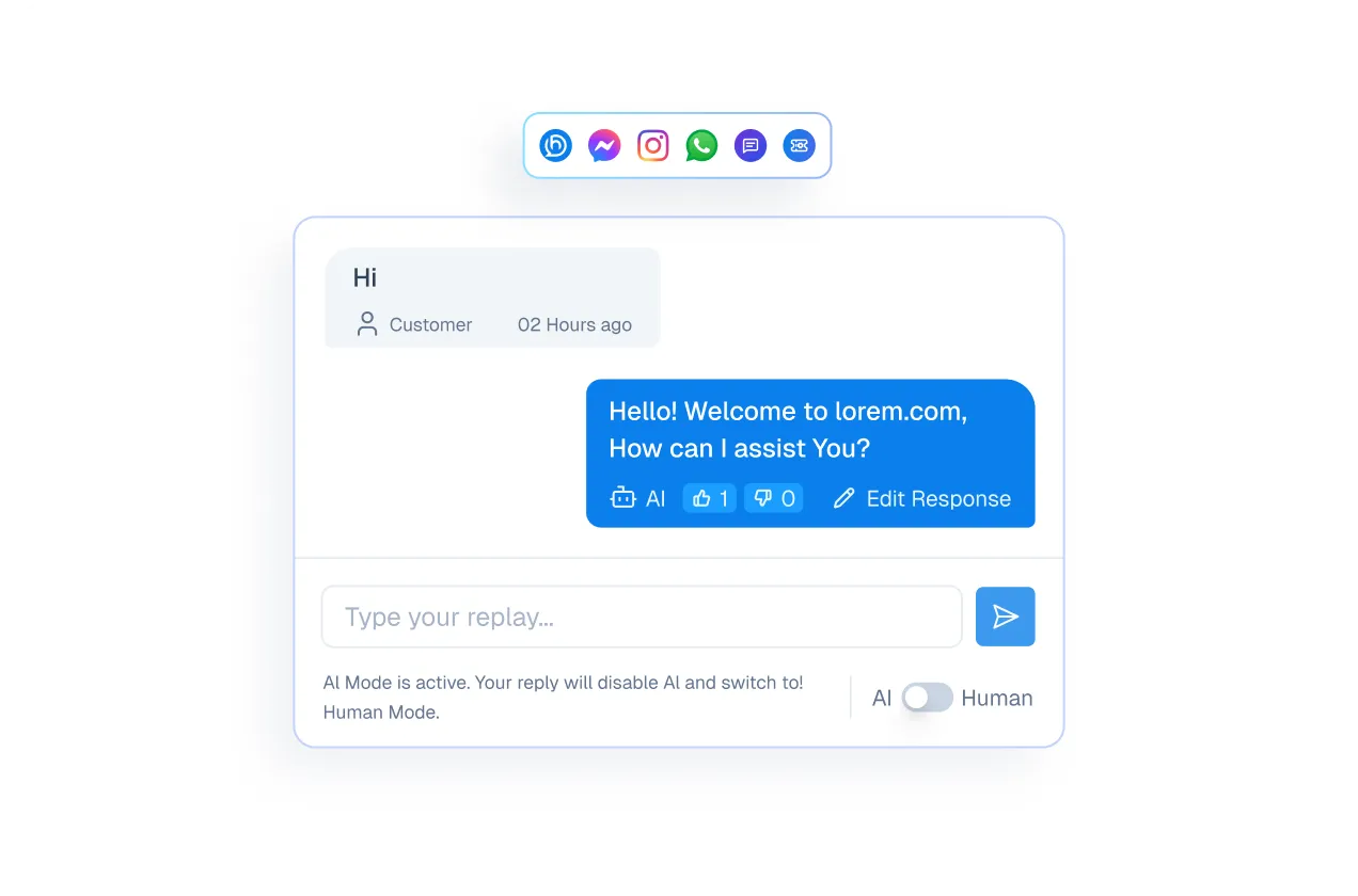 Mockup of a customer service chat interface displaying an AI-generated response suggestion and an AI-to-Human mode toggle switch.