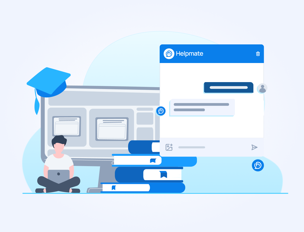Illustration of a student using a laptop near a large monitor, a graduation cap, and a stack of books, positioned next to a Helpmate chat interface mockup.