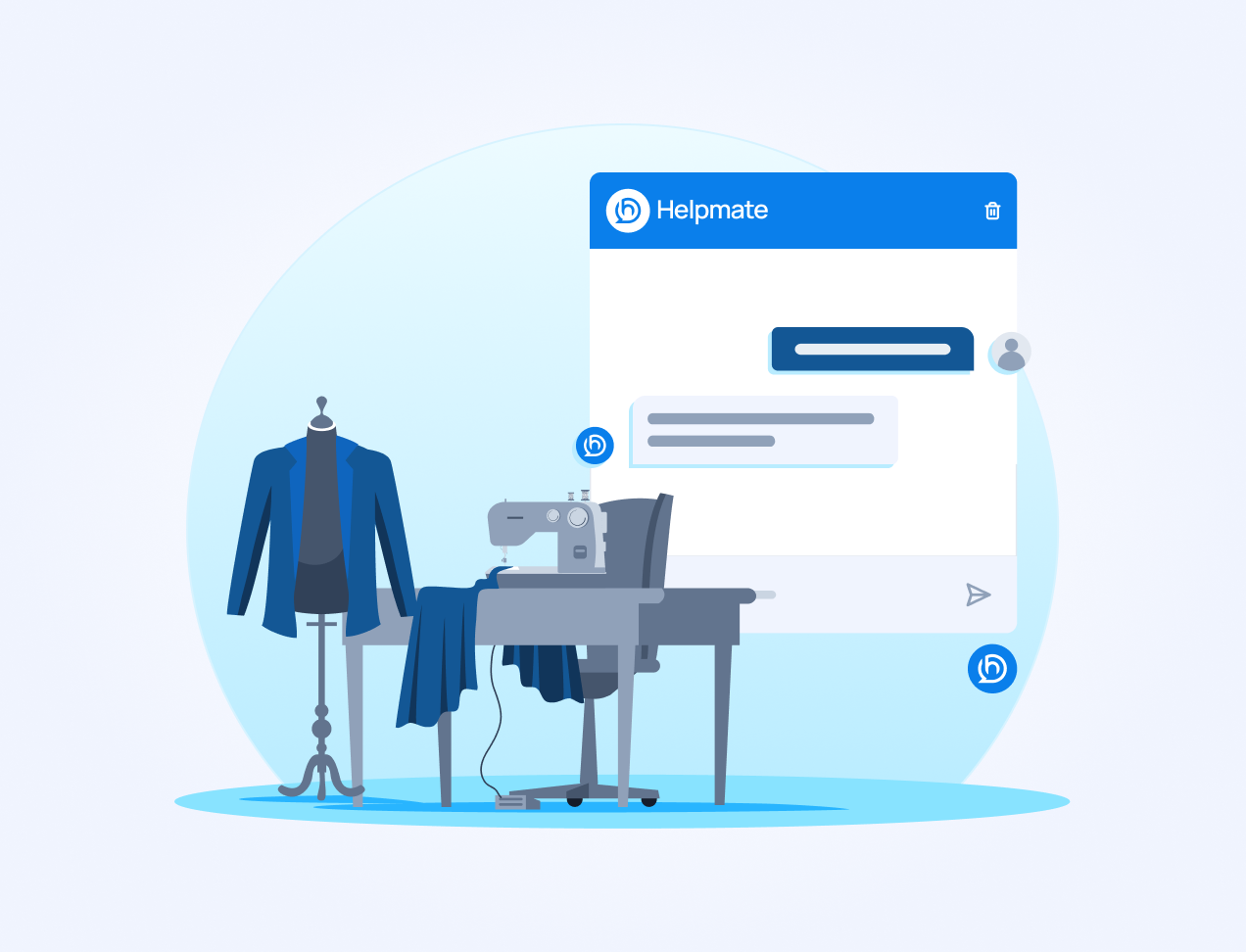 Illustration of a tailoring workspace featuring a sewing machine and a mannequin with a suit jacket, positioned next to a Helpmate chat interface mockup.