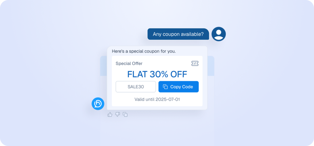 Mockup of a chatbot interface automatically providing a 30% discount coupon code in response to a customer's request.