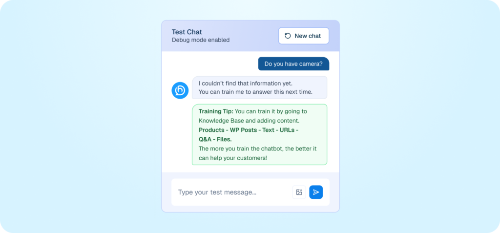 Interface mockup of a private chatbot testing environment showing a conversation where the bot suggests training options after failing to answer a user's query about a camera.