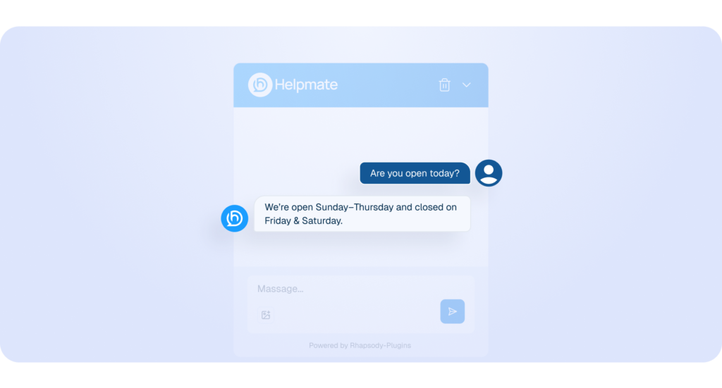 Interface mockup of a chat window showing a customer asking about business hours and the Helpmate AI bot replying instantly with the schedule.