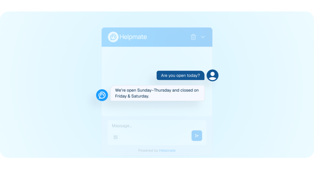 Interface mockup showing a chatbot named Helpmate automatically answering a customer's question about operating hours.