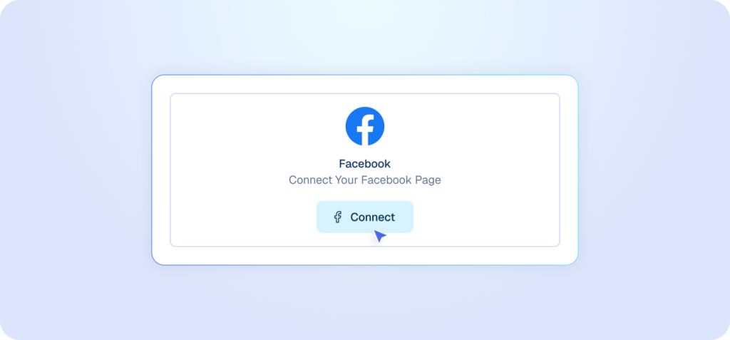 Interface mockup of a connection card featuring the Facebook logo and a "Connect" button to link a Facebook page.