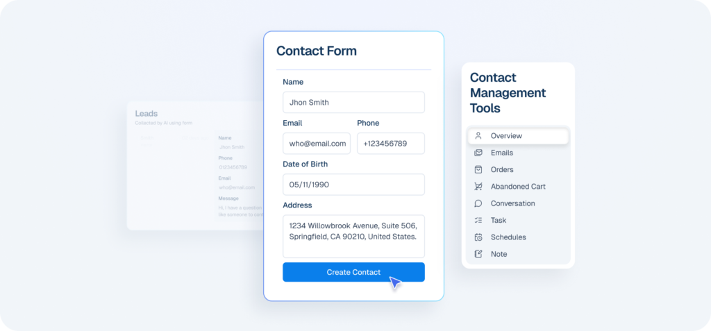 Interface mockup of a CRM dashboard demonstrating a contact management feature, showing a user filling out a contact form to create a new customer profile.