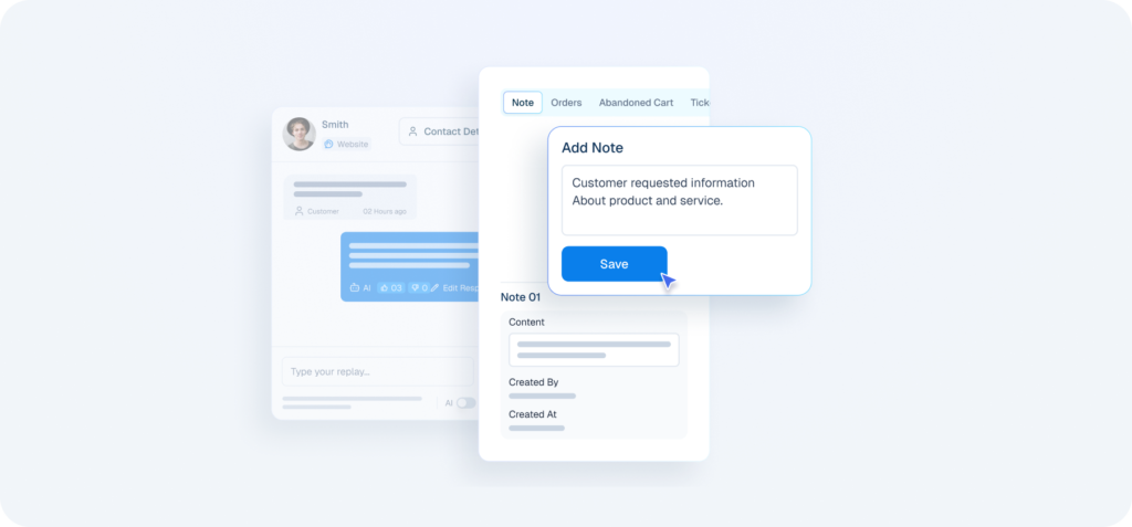 Interface mockup of a CRM system demonstrating an internal note-taking feature, showing a user saving a note over a customer chat window.