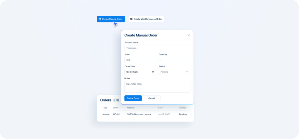 Interface mockup of a CRM dashboard demonstrating an order management feature, showing a user opening a form to create a manual order.