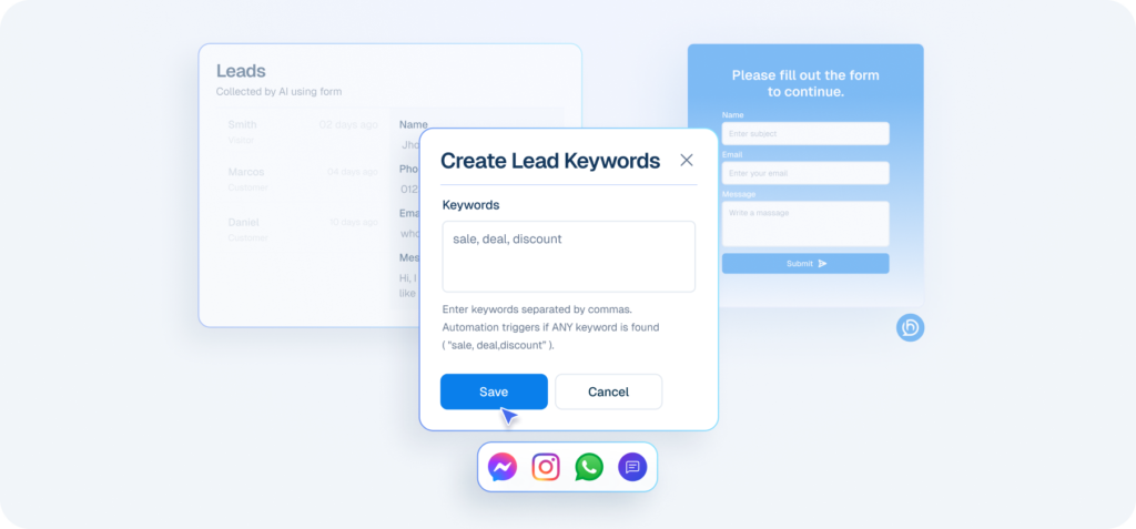 Interface mockup showing lead capture automation with a "Create Lead Keywords" popup containing keywords like "sale, deal, discount" over a leads dashboard.