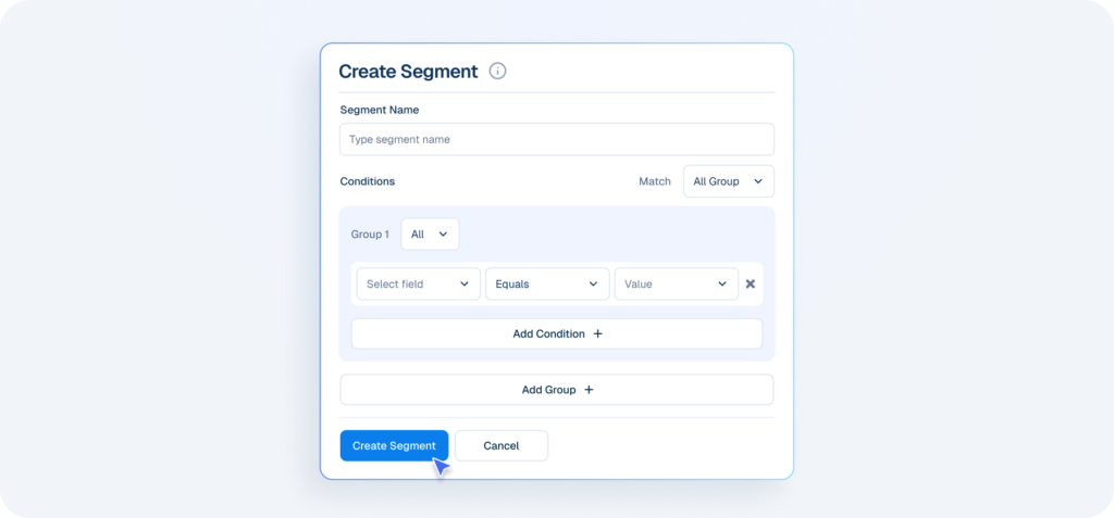 Interface mockup of a CRM dashboard demonstrating a customer segmentation feature, showing a user filling out a form to create a new group segment.