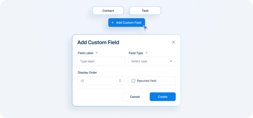 Interface mockup of a CRM "Add Custom Field" popup window showing configuration options like field label, type, and display order.