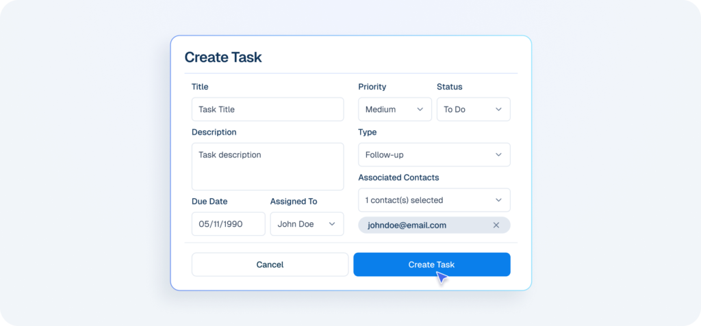 Interface mockup of a CRM dashboard demonstrating a task management feature, showing a user filling out a form to create and assign a new task.