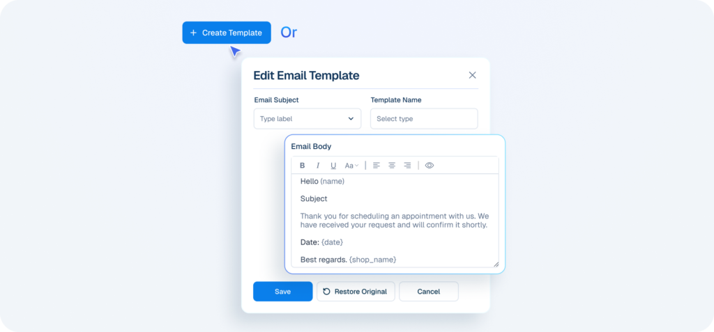 Interface mockup of a CRM dashboard demonstrating an email template feature, showing a user opening a form to create or edit a pre-built email template.