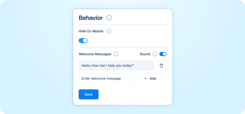 Mockup of a chatbot behavior settings interface showing options for mobile visibility, sound, and custom welcome messages.