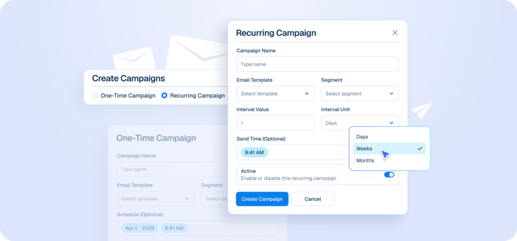 Interface mockup of an email campaign builder showing options to create one-time or recurring campaigns, with a cursor selecting "Weeks" from a dropdown menu for interval units.