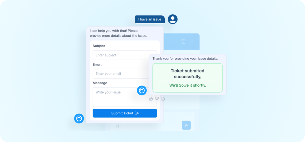 Interface mockup demonstrating a support ticketing feature within a chat window, showing a form to submit an issue and a success confirmation message.