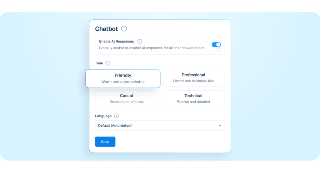 Interface mockup of a chatbot tone and language settings panel showing options to enable AI responses, select a friendly communication style, and auto-detect language.