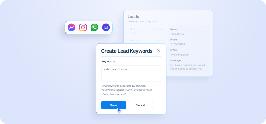 Interface mockup of a "Create Lead Keywords" form showing a cursor clicking a "Save" button to set up automated lead capture using words like "sale, deal, discount" from various chat apps.