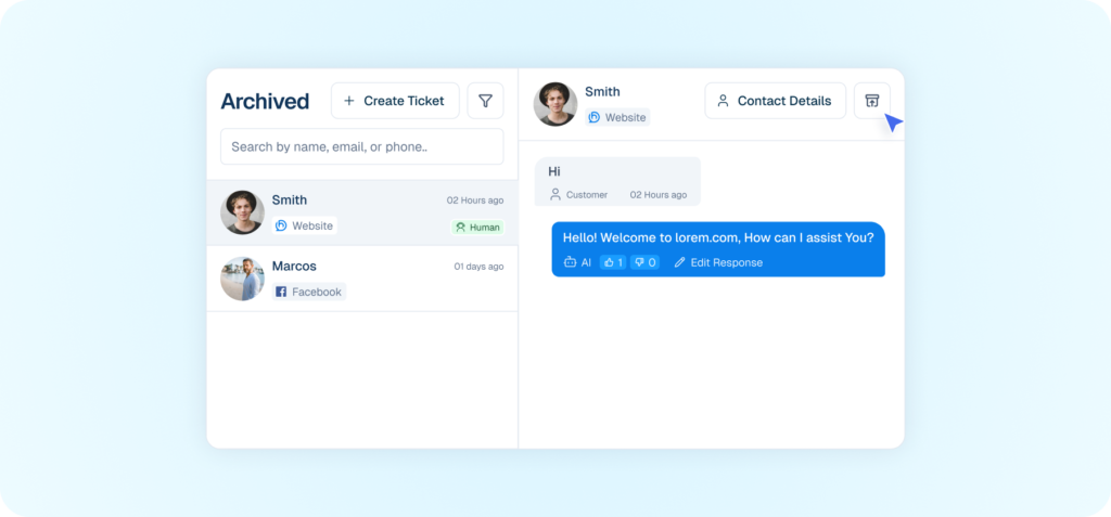 Interface mockup of an archived messages dashboard showing a cursor clicking an archive icon to organize a conversation with a website visitor.