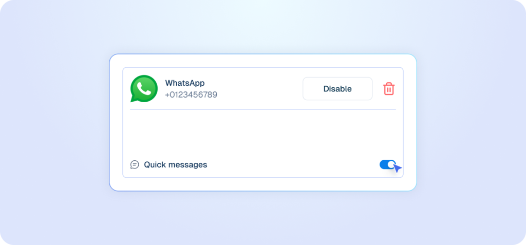 Interface mockup of a WhatsApp integration card showing a connected phone number, a disable button, a delete icon, and an active toggle for quick messages.