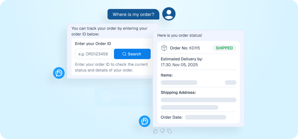 Interface mockup of a chatbot handling a refund request, showing a user prompt "I want refund" and the bot displaying a return process form and a success notification.