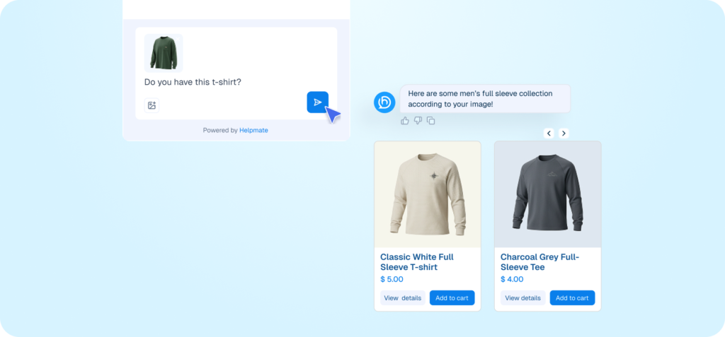 Interface mockup of a chatbot feature allowing users to search for products by uploading an image, displaying a user uploading a photo of a shirt and the bot returning similar product options.