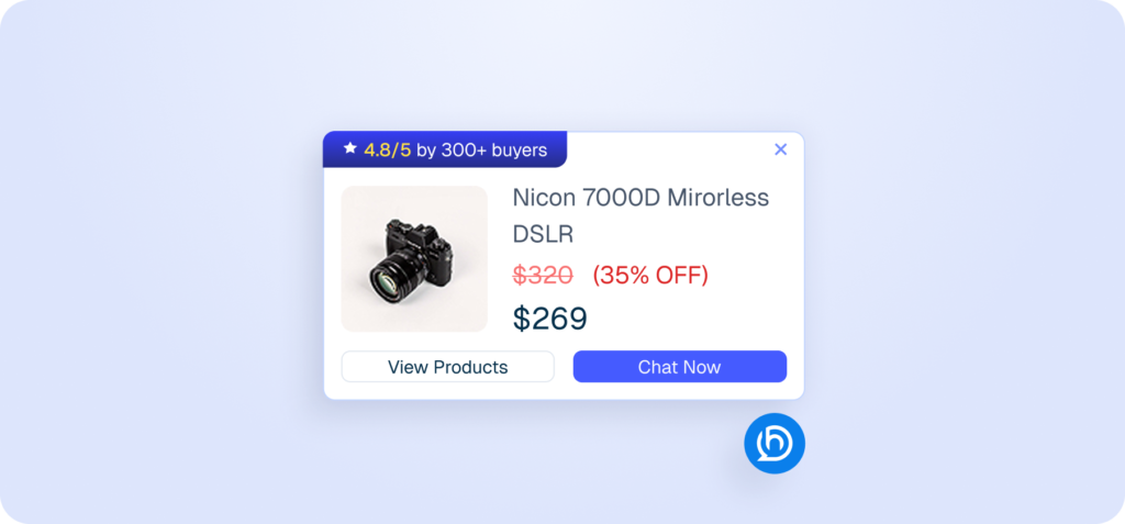 Mockup of a proactive sales chatbot pop-up displaying a discounted camera product card.