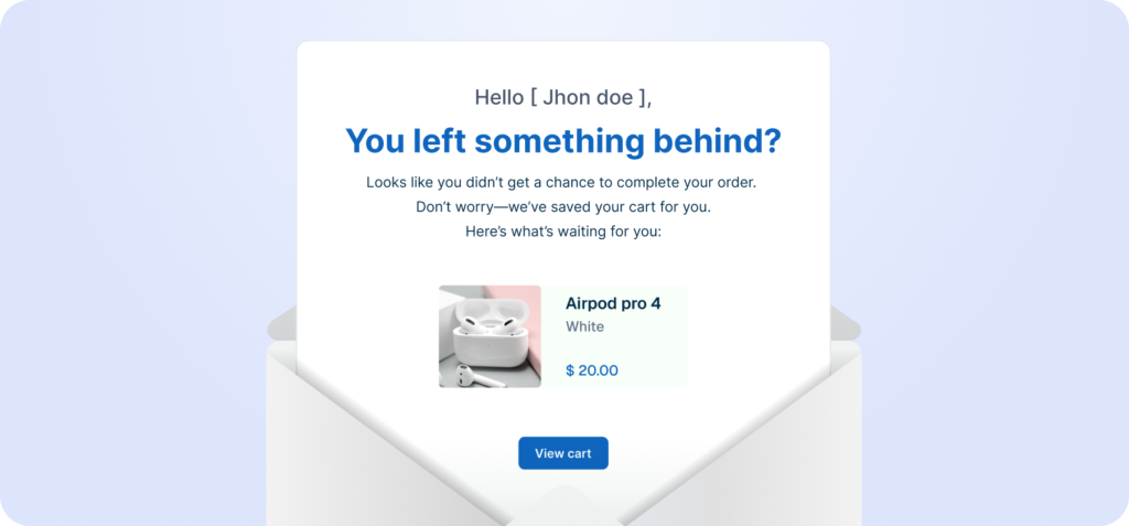 Mockup of an abandoned cart recovery email emerging from an open envelope showing a forgotten product.