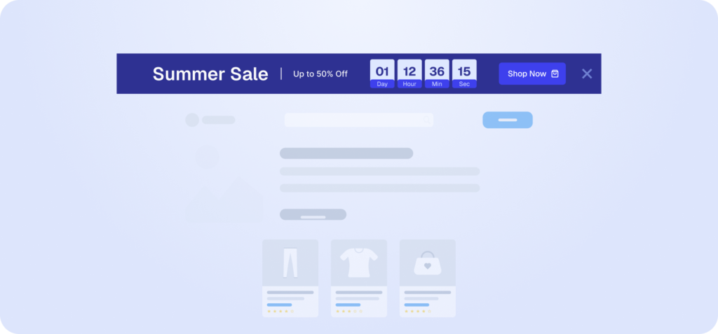 Interface mockup of a website displaying a dark blue promotional banner with a countdown timer for a "Summer Sale".