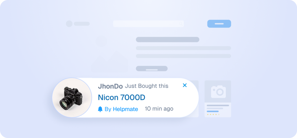 Interface mockup of a live sales notification showing a recent purchase of a Nicon 7000D camera by a user named JhonDo.