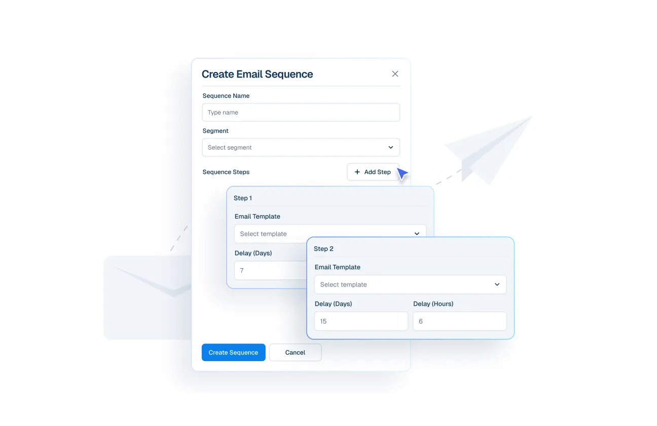 Interface mockup of a "Create Email Sequence" builder showing a cursor clicking an "+ Add Step" button to configure automated follow-up emails with specific day and hour delays.